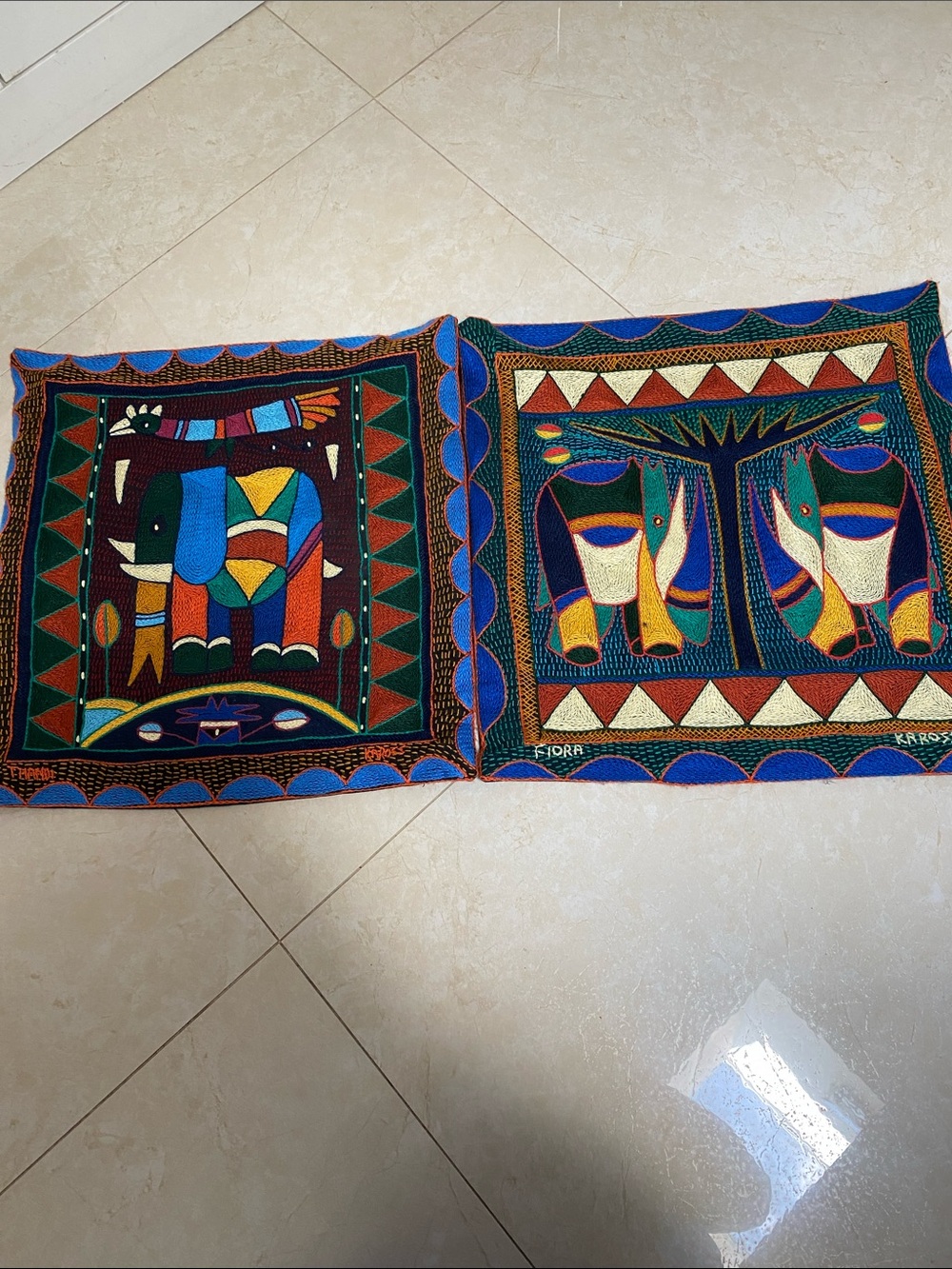 Kaross South Africa Hand Embroider Signed Elephant Rhino Pillow Covers 17 X 17 “